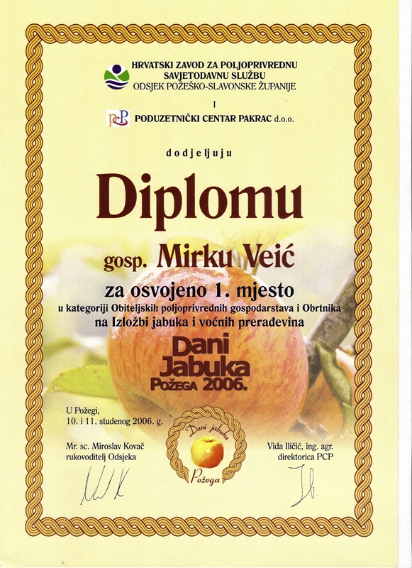 Diploma Mirku Veiću za osvojeno prvo mjesto na Danima jabuka 2006.