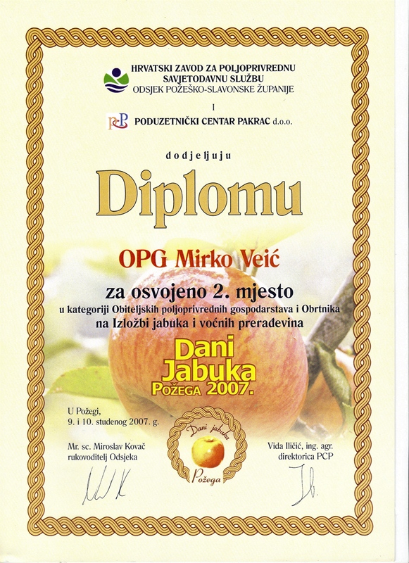 Diploma OPG-u Mirko Veić za osvojeno drugo mjesto na Danima jabuka 2007.