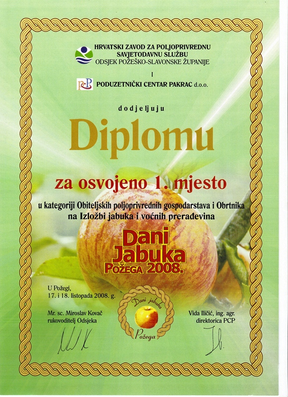 Diploma za osvojeno prvo mjesto na Danima jabuka 2008.