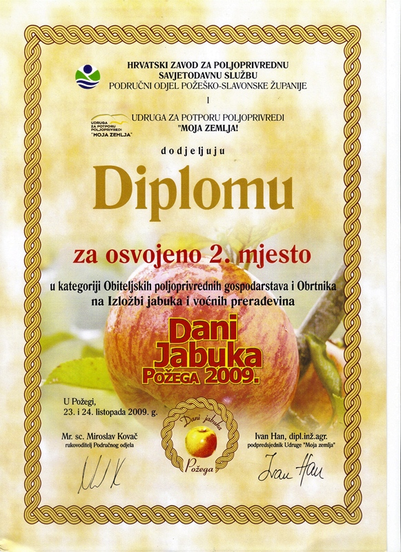 Diploma za osvojeno drugo mjesto na Danima jabuka 2009.